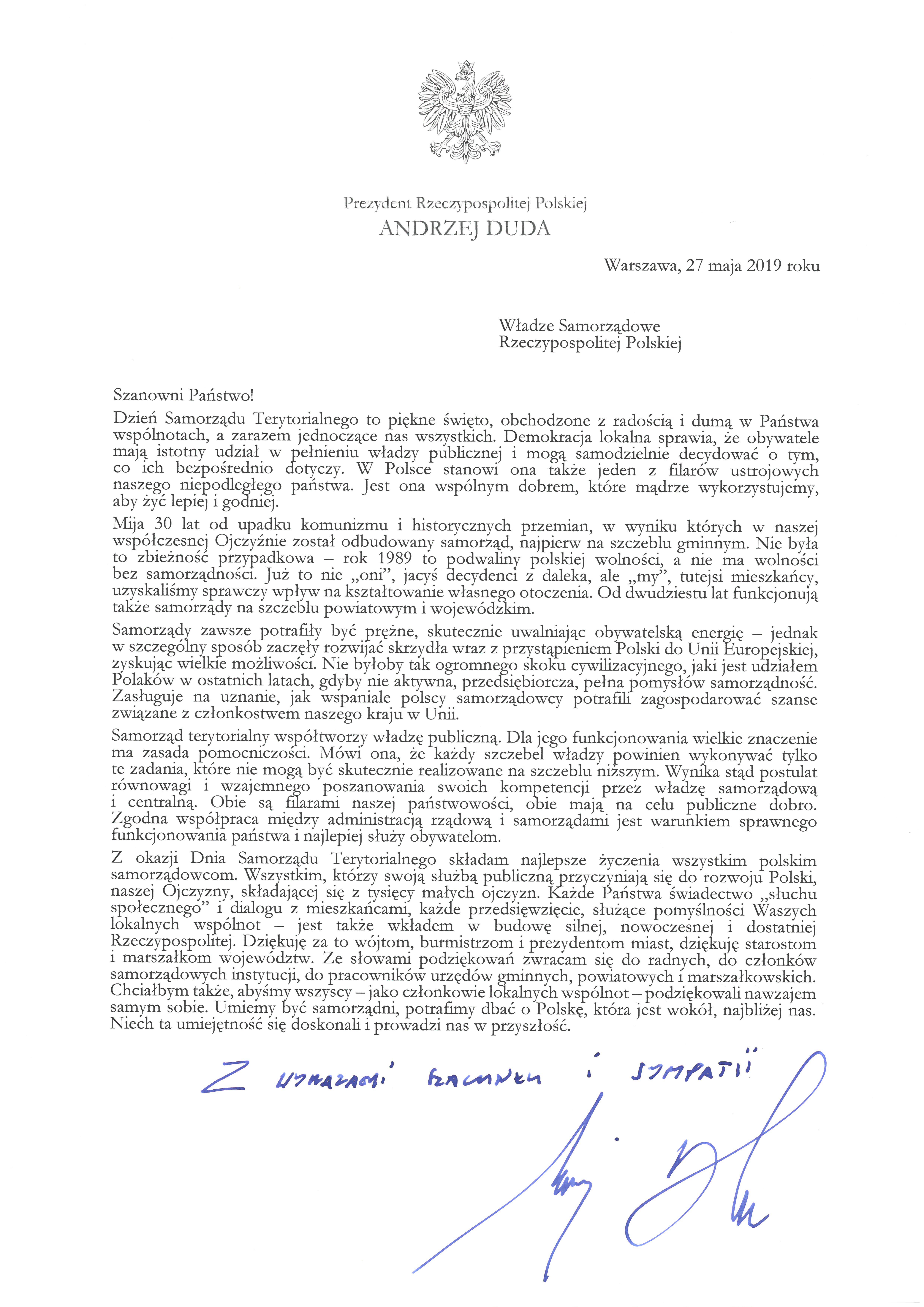 List Prezydenta Rzeczypospolitej Polskiej do Wadz Samorzdowych RP